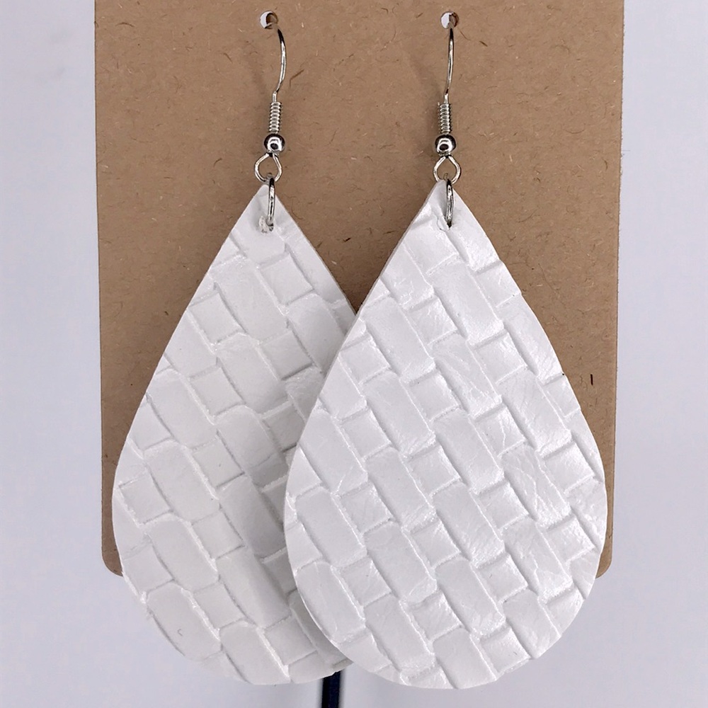 White Basket Weave Design Faux Leather Dangle Earrings Fashion Jewelry